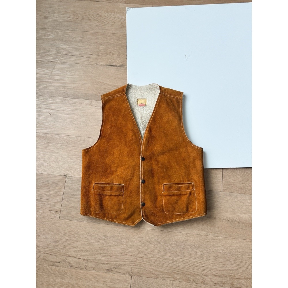 Vintage 70s Brown Suede Leather Vest Medium Sherpa Fleece Lining Western